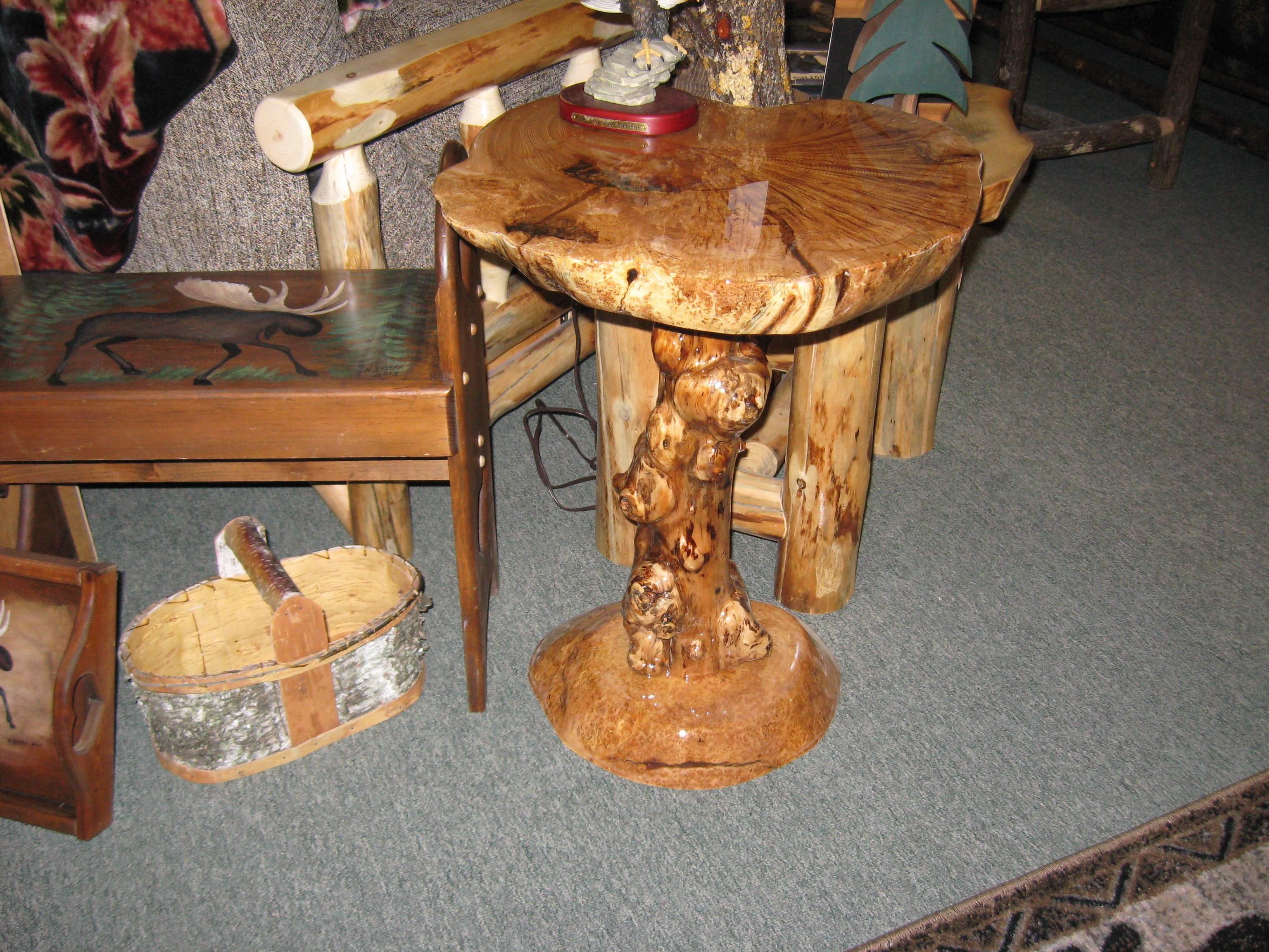 Custom log End Table with Poured Spruce Burl Base
