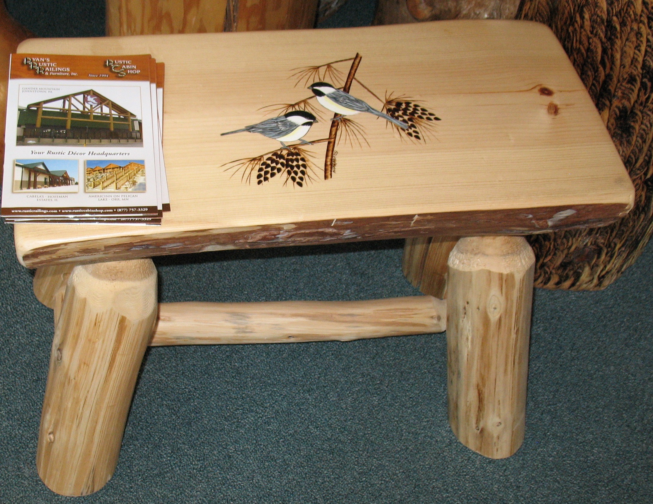 wood seat with chickadee design