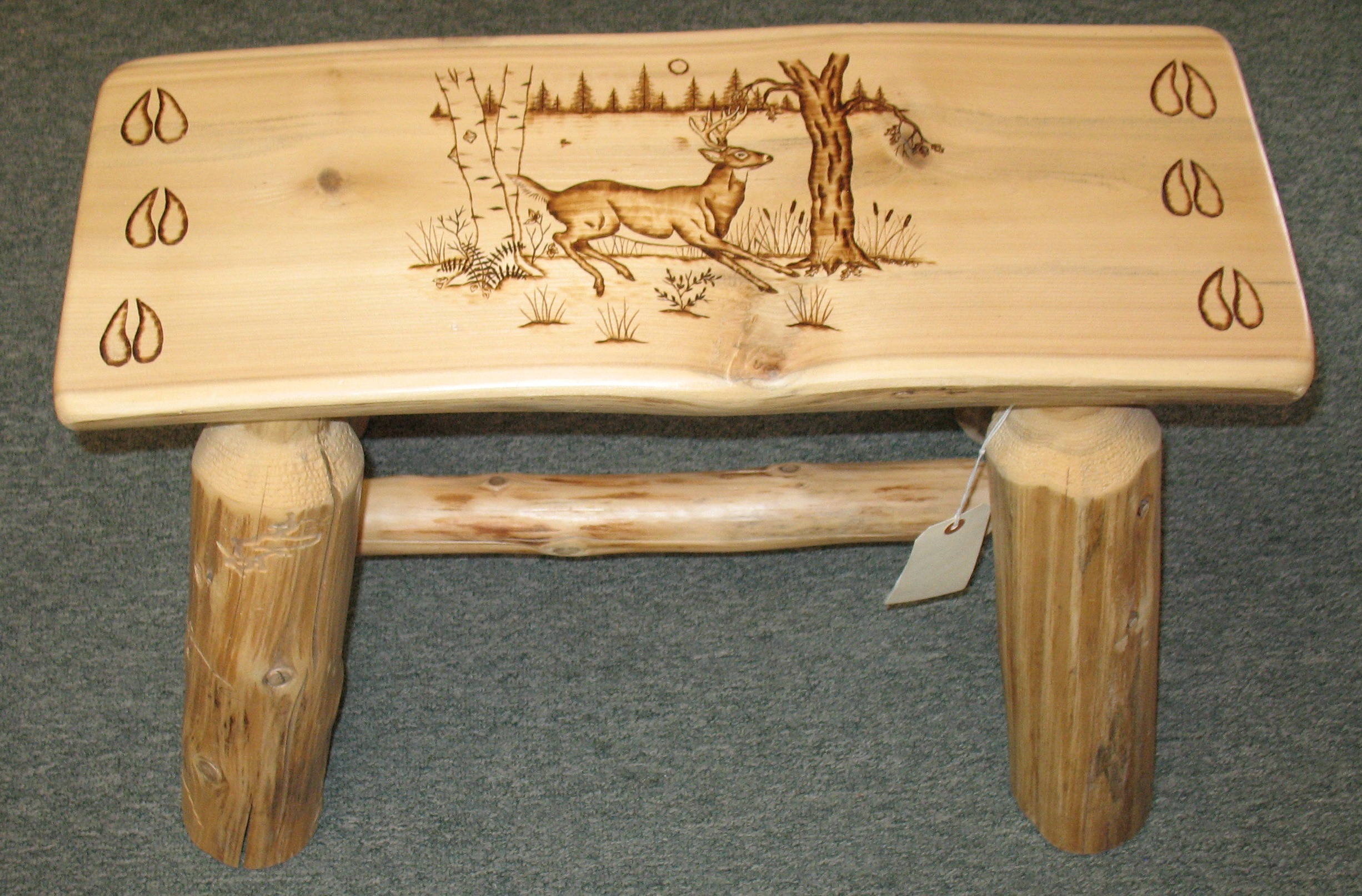 Wood stool with deer wood burning decoration