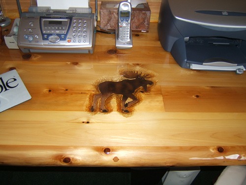 custom wood tabletop with moose image