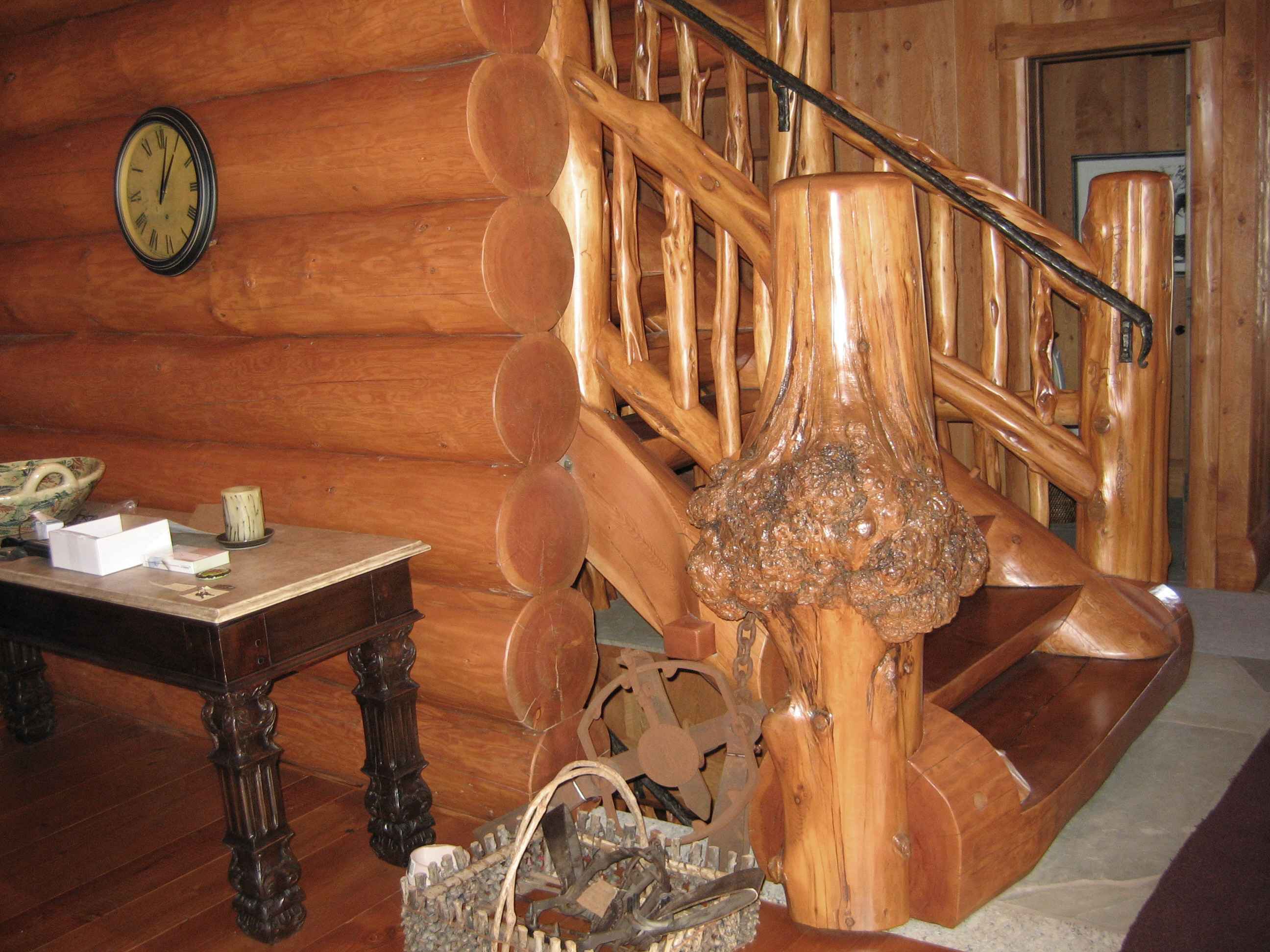 White Cedar Burl on Doug Fir Stairs with Willow Railing | Wood Stair Railings